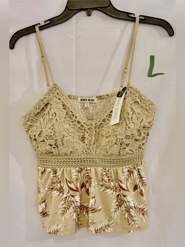 Derek Heart Beige Crochet Leaf-Print Spaghetti Strap Camisole